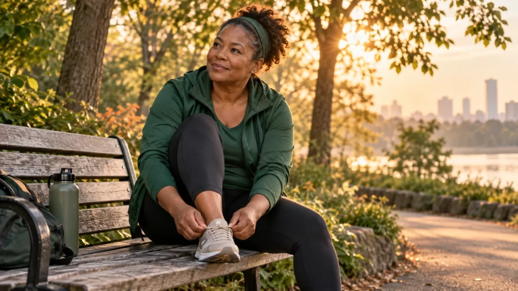 A fictional woman in a forest-green jacket ties her walking shoes on a park bench.