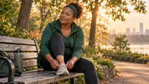 A fictional woman in a forest-green jacket ties her walking shoes on a park bench.