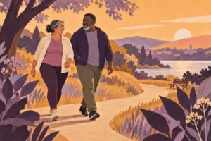 Two fictional middle-aged adults walking along a park path in an ochre, plum, and lilac illustration.