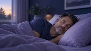 A fictional middle-aged man rests on his side in an indigo and lavender bedroom.