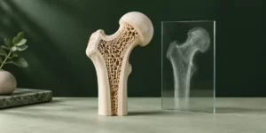 An ivory bone teaching model with a porous cutaway beside an illustrative glass scan panel on a sage and forest-green background.