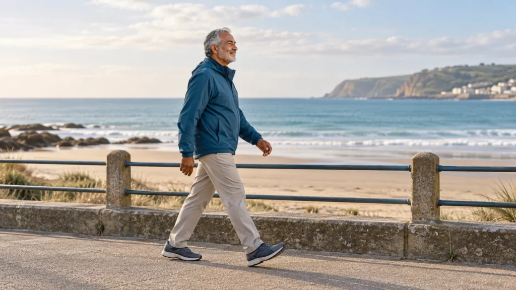 A fictional older man in a petrol-blue jacket walks along a seaside promenade.