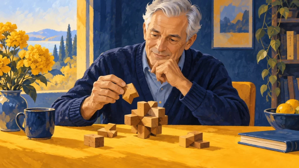 A painted fictional older man works on a wooden puzzle beside marigold and indigo details.