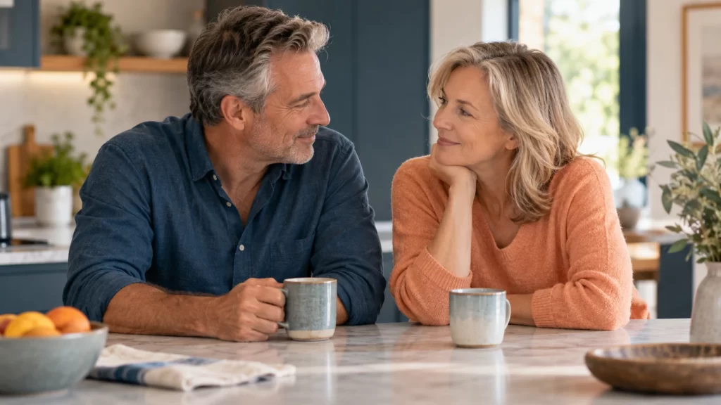 A fictional older couple in blue and apricot clothing talk at a kitchen counter.