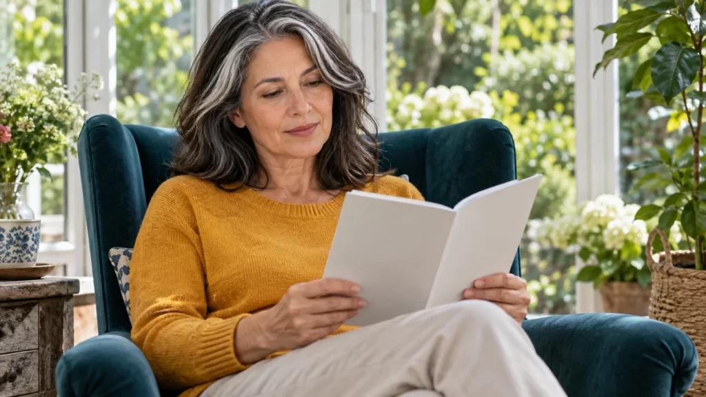 A fictional midlife woman in a saffron sweater reads an unmarked booklet in a teal chair.